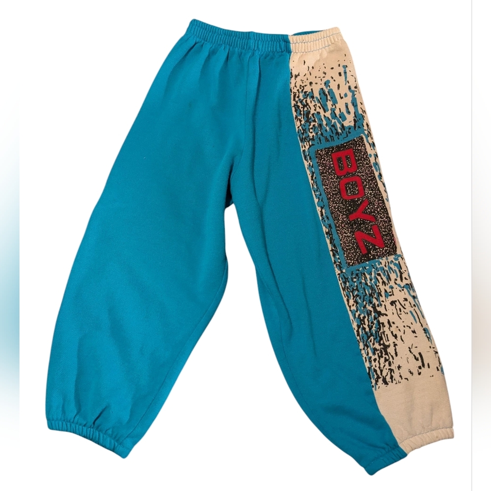 80s 90s Vintage Kids Blue White Boyz Graphic Print Sweatpants Joggers Rare